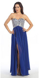 Corset Bodice Strapless Thigh Slit Royal Blue Long Prom Gown