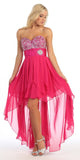 Strapless High Low Fuchsia Dress Beads, Sequins Asymmetrical Skirt