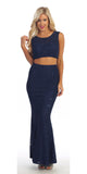 Long 2 Piece Navy Blue Lace Dress Sleeveless Form Fitting V Back