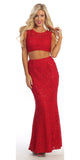 Long 2 Piece Red Lace Dress Sleeveless Form Fitting V Back