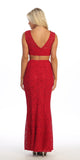 Long 2 Piece Red Lace Dress Sleeveless Form Fitting V Back