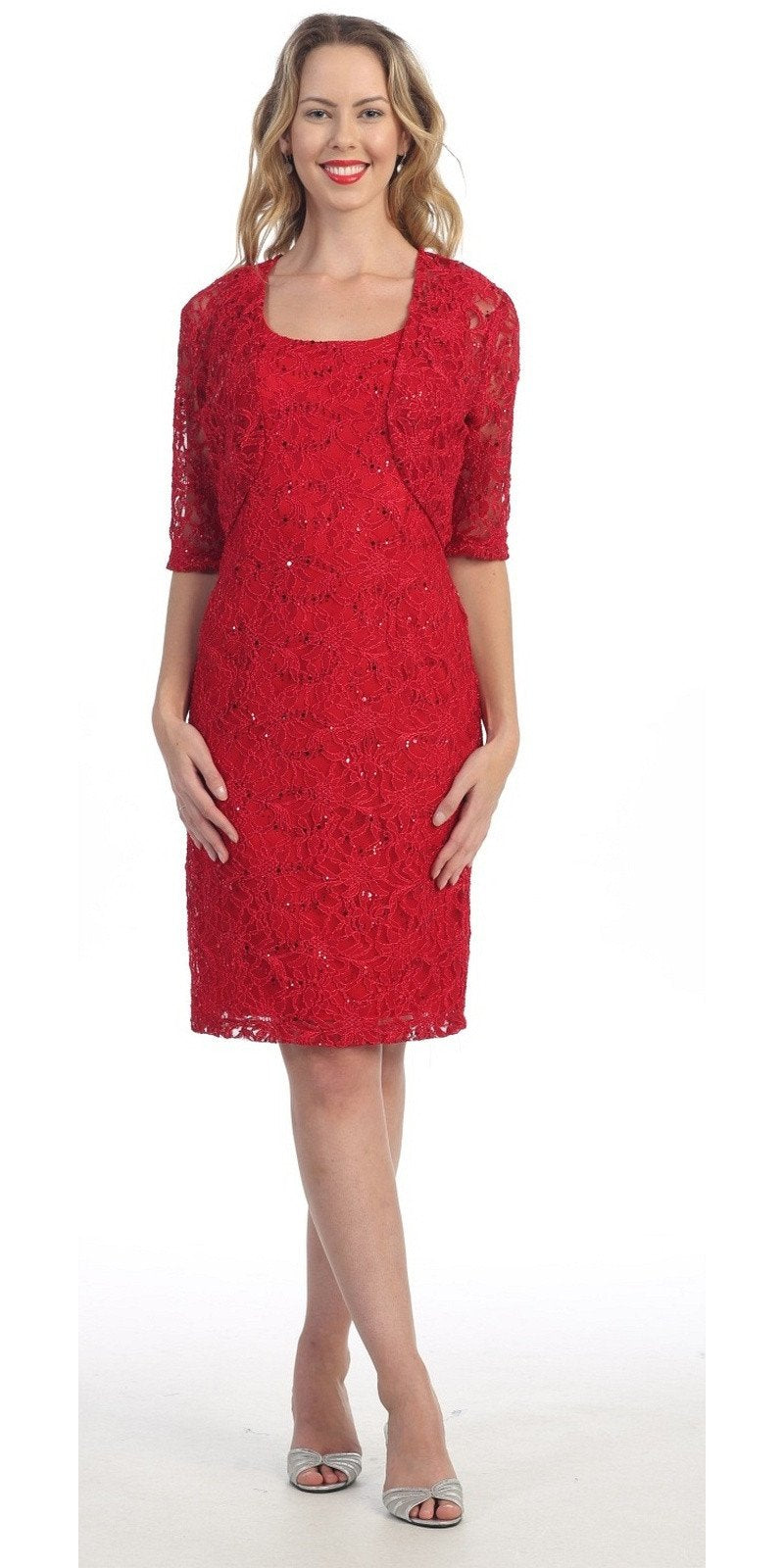 Modest Red Short Lace Dress With Matching Bolero Jacket