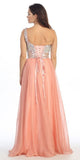 One Shoulder Corset Bodice A Line Coral Long Ball Gown