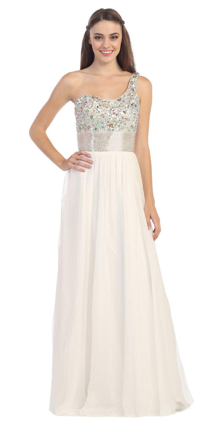 One Shoulder Corset Bodice A Line Ivory Long Ball Gown