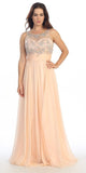 Sheer Yoke Jewel Neckline Long Peach A Line Formal Gown