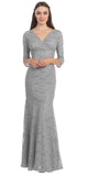 V Neckline Lace Mermaid Dress Silver Long V Neck 3/4 Sleeves