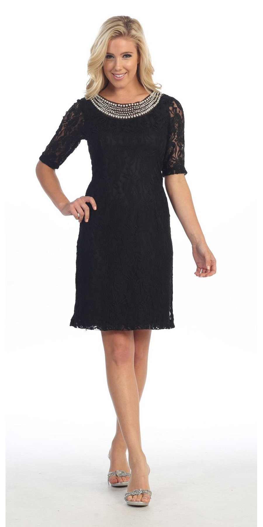 Modest Black Knee Length Semi Formal Dress Short Sleeve Pearl Neck
