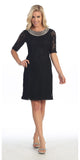 Modest Black Knee Length Semi Formal Dress Short Sleeve Pearl Neck