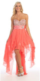 Strapless High Low Coral Dress Beads, Sequins Asymmetrical Skirt