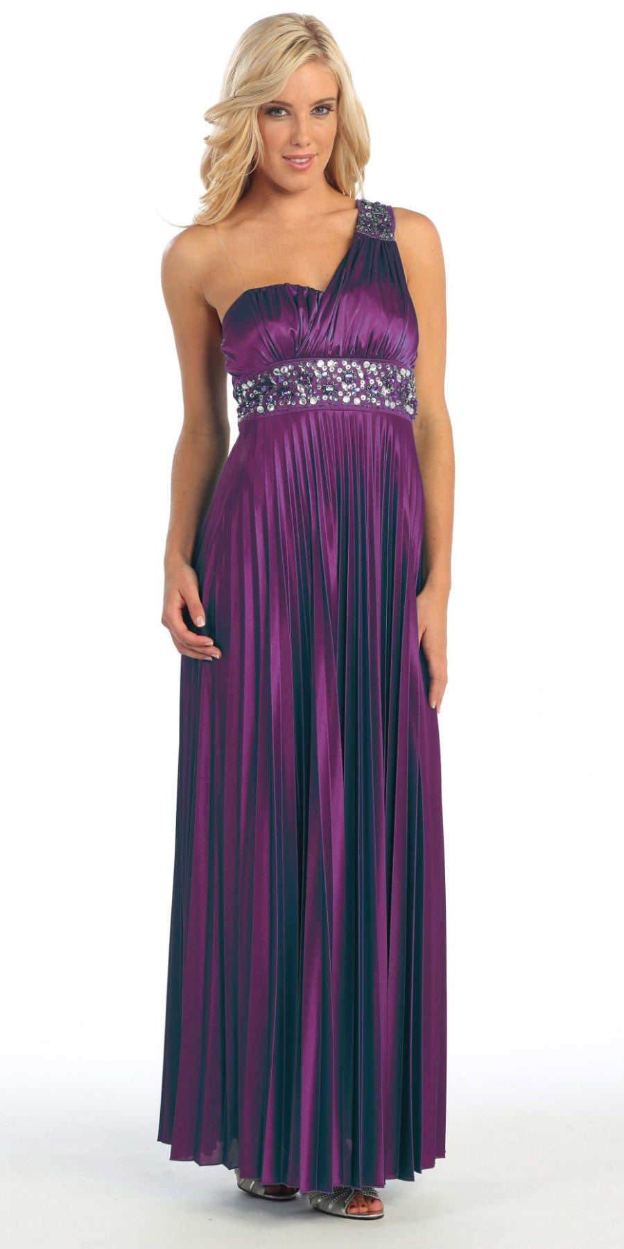 Greek One Shoulder Dress Plum Pleated Empire Rhinestones