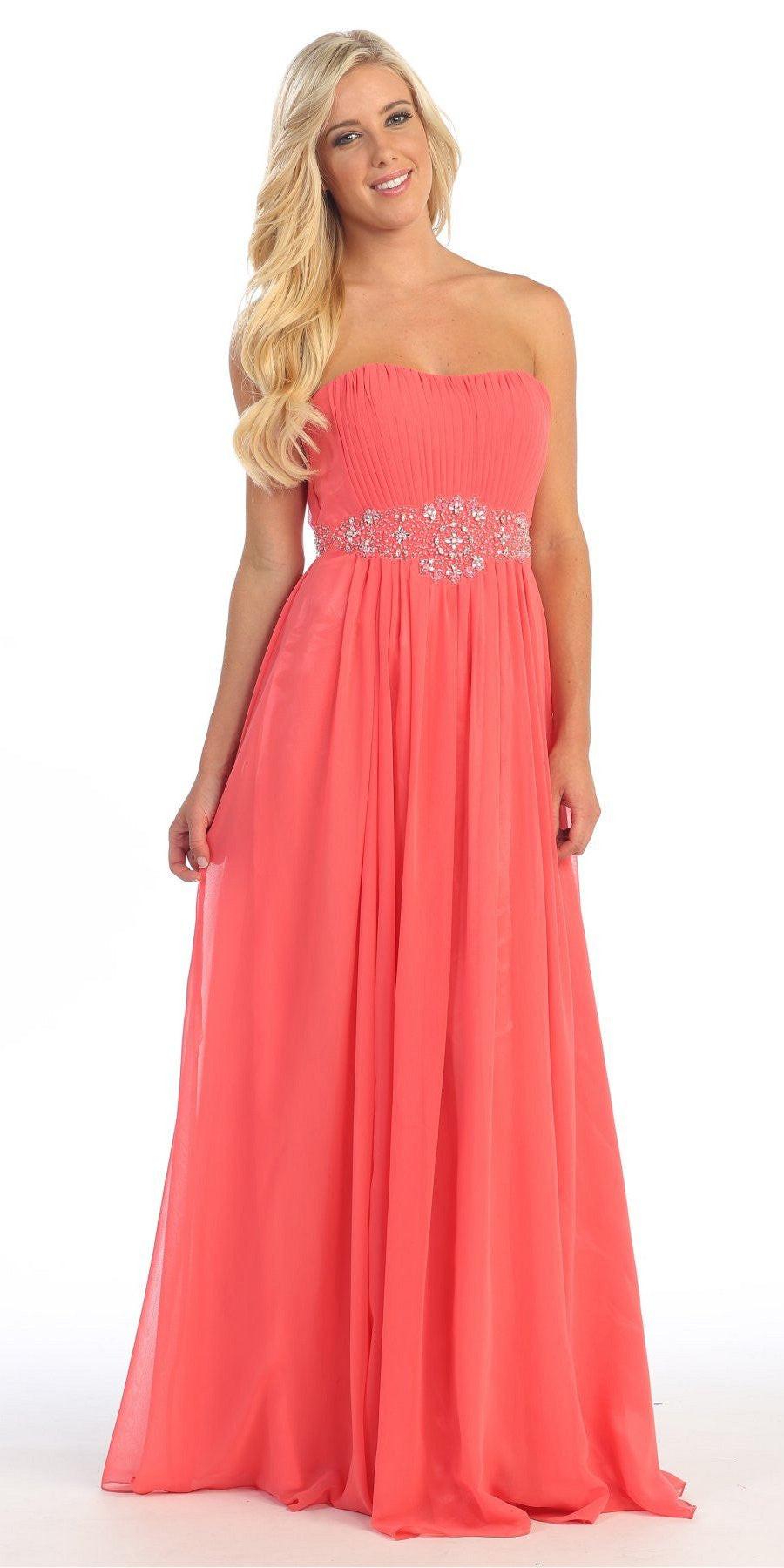 A Line Long Prom Dress Coral Strapless Empire Beaded Waist