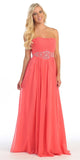 A Line Long Prom Dress Coral Strapless Empire Beaded Waist