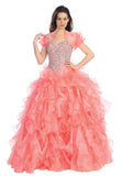Tiered Ruffled Skirt Studded Bodice Coral Princess Gown