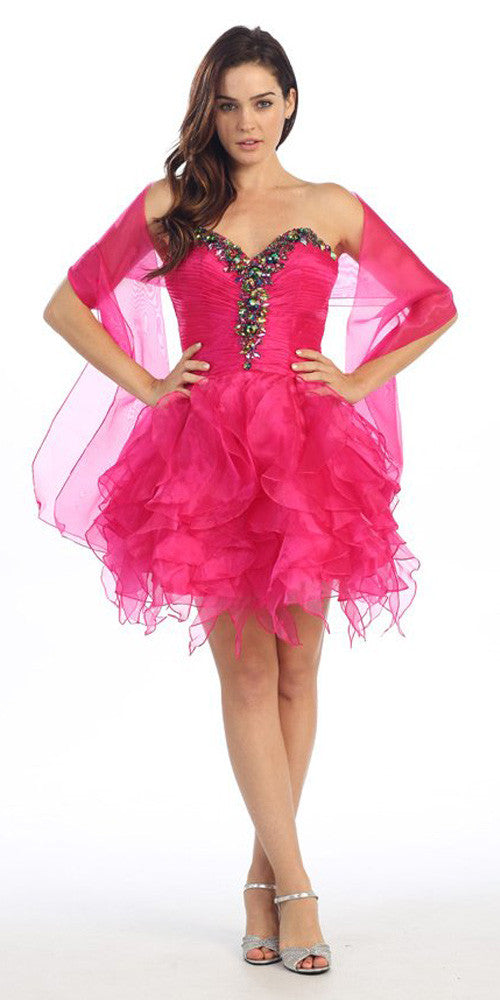 Ruffled Skirt Strapless Fuchsia Short Puffy Dress