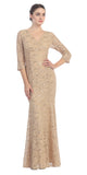 V Neckline Lace Mermaid Dress Gold Long V Neck 3/4 Sleeves