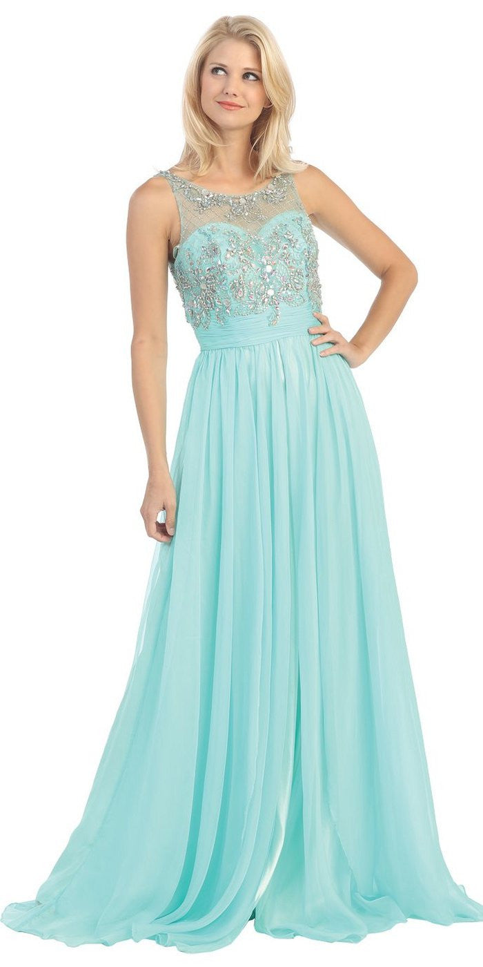 Sheer Yoke Jewel Neckline Long Mint A Line Formal Gown