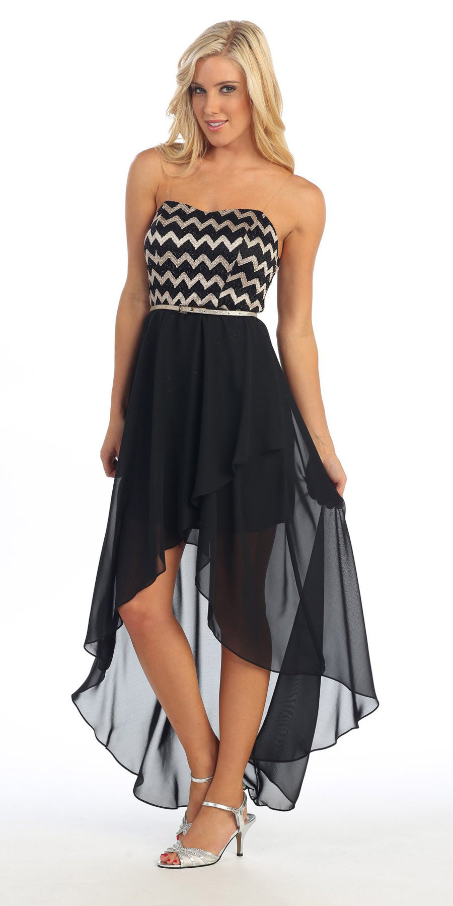 Short Black High Low Chiffon Dress Semi Formal Strapless Includes Belt