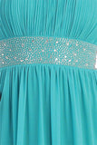 Dinner Party Long Emerald Green One Shoulder Dress Chiffon Empire Rhinestone