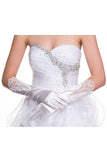 Mid Length Satin White Gloves With Lace Embroidery