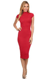 Body Con Knee Length Red Midi Dress Turtle Neck Short Sleeves