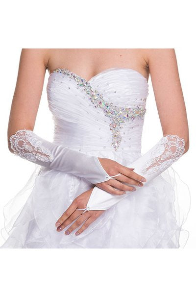 White Fingerless Mid Length Satin Gloves With Lace Embroidery