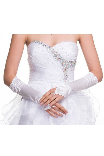 White Fingerless Mid Length Satin Gloves With Rhinestone Detail