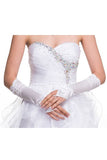 White Fingerless Mid Length Satin Gloves With Rhinestone Detail