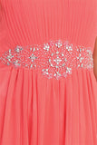 A Line Long Prom Dress Coral Strapless Empire Beaded Waist