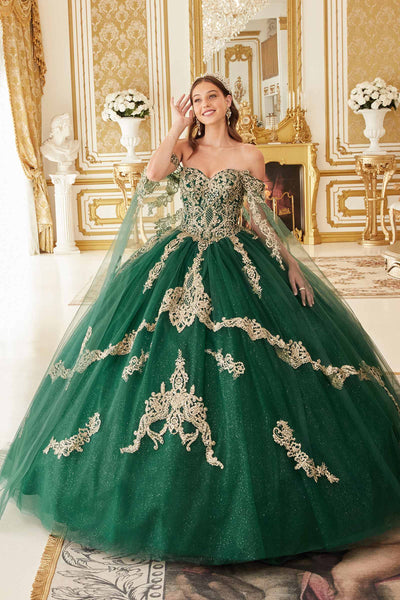 Ladivine 15711 Off the Shoulder Glitter Tulle A-Line Ball Gown Removable Cape