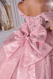 Ladivine 15740 Off the Shoulder Pink Ball Gall with Bow Glitter Tulle
