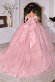Ladivine 15740 Off the Shoulder Pink Ball Gall with Bow Glitter Tulle