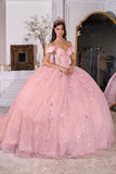 Ladivine 15740 Off the Shoulder Pink Ball Gall with Bow Glitter Tulle