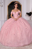 Ladivine 15740 Off the Shoulder Pink Ball Gall with Bow Glitter Tulle