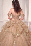 Off-Shoulder Beaded Ball Gown with Corset Back & Bow – 15743