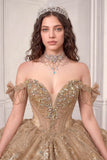Off-Shoulder Beaded Ball Gown with Corset Back & Bow – 15743