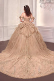 Off-Shoulder Beaded Ball Gown with Corset Back & Bow – 15743