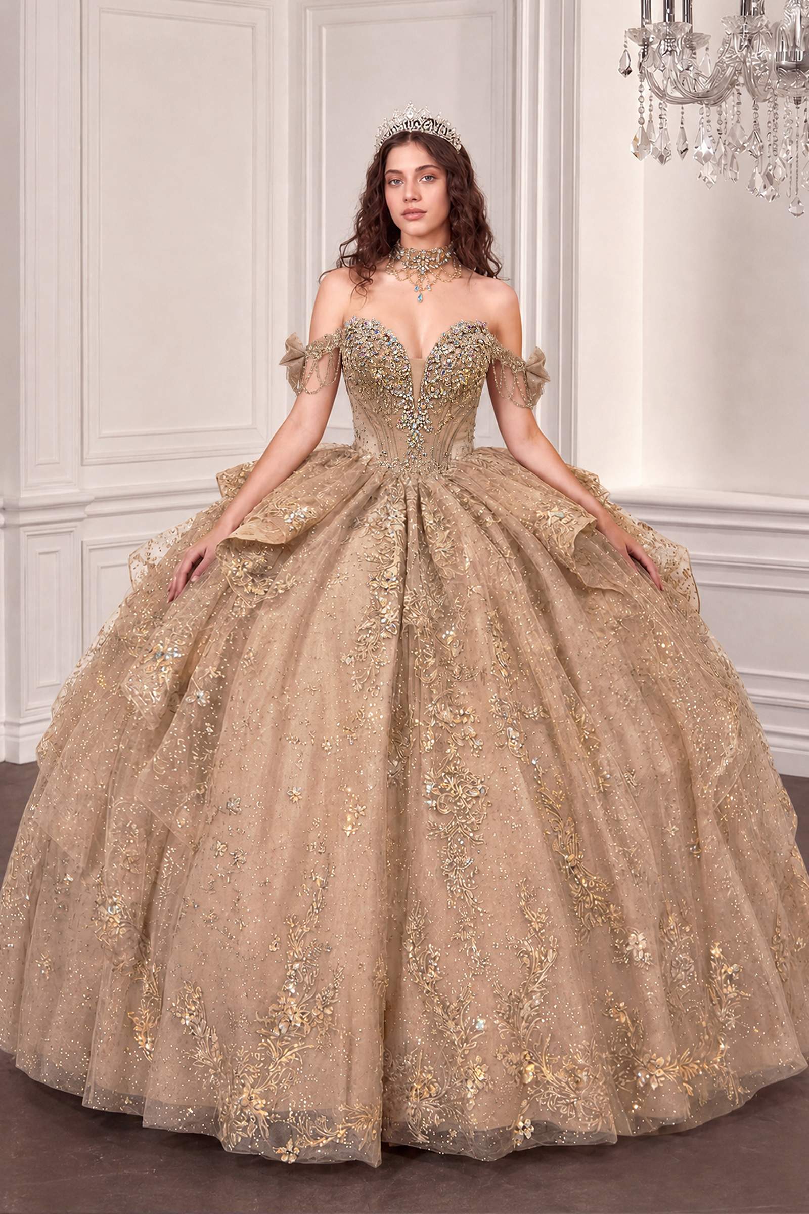 Off-Shoulder Beaded Ball Gown with Corset Back & Bow – 15743