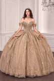Off-Shoulder Beaded Ball Gown with Corset Back & Bow – 15743