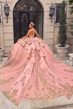 Rose Gold Embellished Quinceañera Ball Gown with Corset Bodice, Layered Skirt & Oversized Bow
