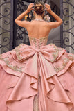 Rose Gold Embellished Quinceañera Ball Gown with Corset Bodice, Layered Skirt & Oversized Bow