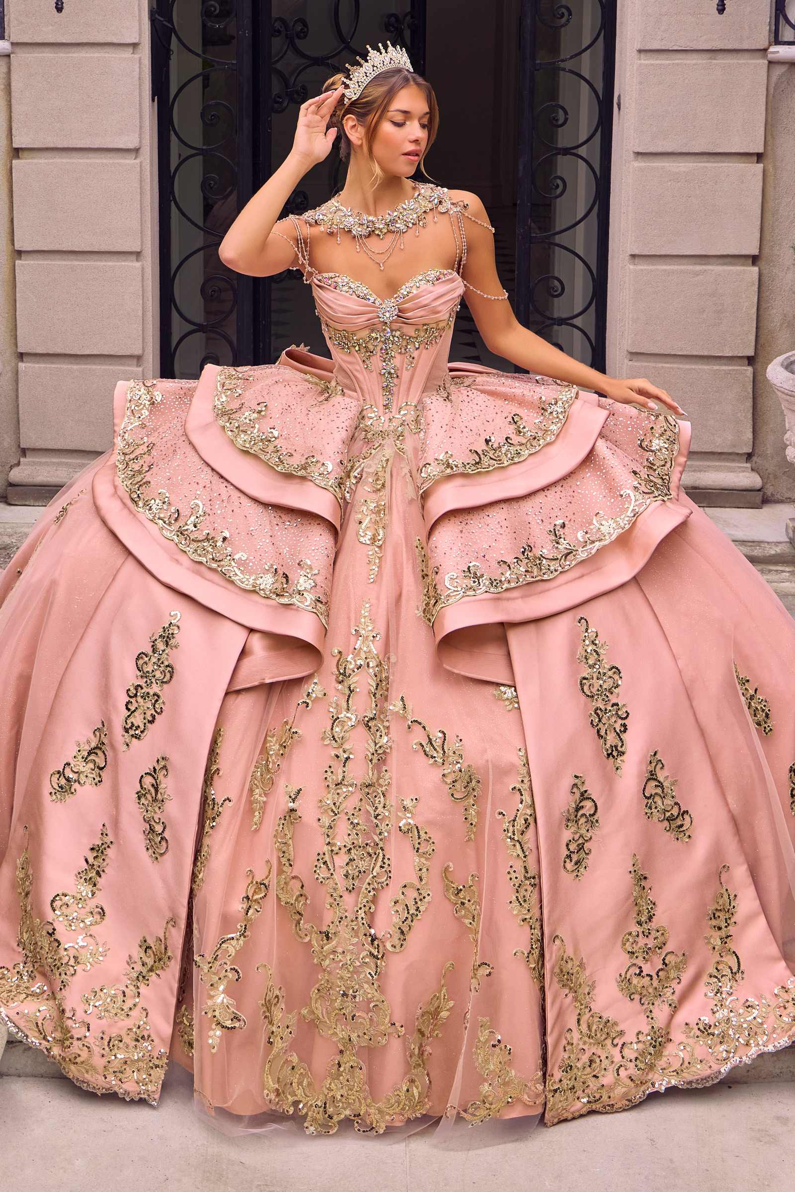 Rose Gold Embellished Quinceañera Ball Gown with Corset Bodice, Layered Skirt & Oversized Bow