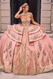 Rose Gold Embellished Quinceañera Ball Gown with Corset Bodice, Layered Skirt & Oversized Bow