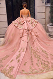 Rose Gold Embellished Quinceañera Ball Gown with Corset Bodice, Layered Skirt & Oversized Bow