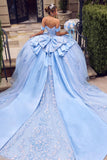 Off-Shoulder Quinceañera Ball Gown 15745 with Beaded Corset, Overskirt Bow & Lace-Up Back