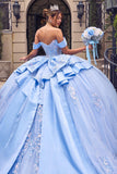 Off-Shoulder Quinceañera Ball Gown 15745 with Beaded Corset, Overskirt Bow & Lace-Up Back