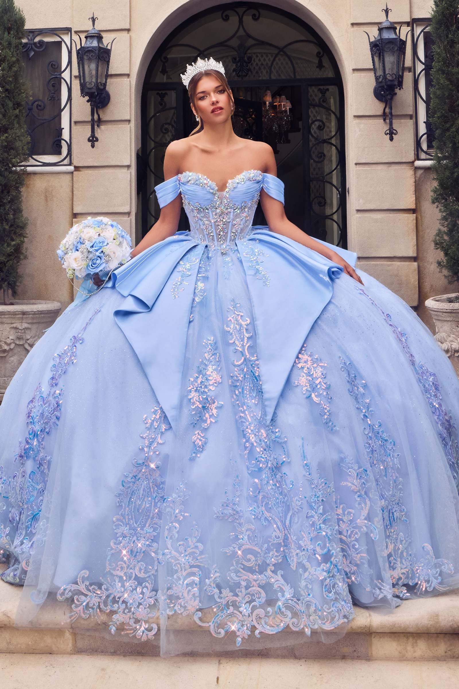 Off-Shoulder Quinceañera Ball Gown 15745 with Beaded Corset, Overskirt Bow & Lace-Up Back