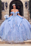 Off-Shoulder Quinceañera Ball Gown 15745 with Beaded Corset, Overskirt Bow & Lace-Up Back