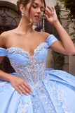 Off-Shoulder Quinceañera Ball Gown 15745 with Beaded Corset, Overskirt Bow & Lace-Up Back