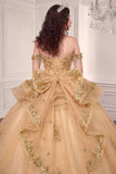 15746 Champagne Gold Off-Shoulder Quinceañera Ball Gown with Bow Back