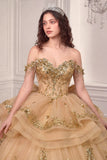15746 Champagne Gold Off-Shoulder Quinceañera Ball Gown with Bow Back
